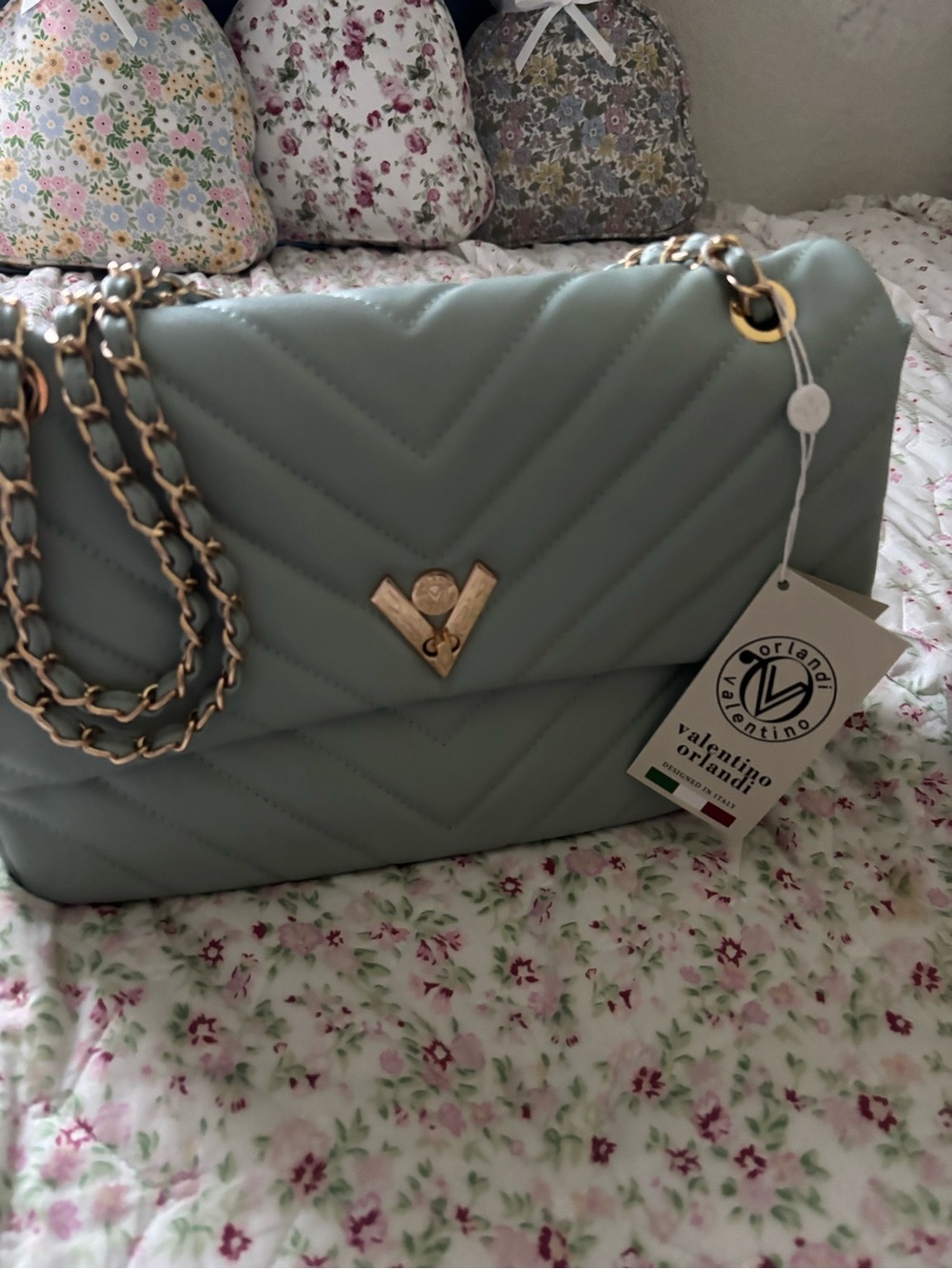 Valentino Quilted Shoulder Bag in Light Sage with Gold Hardware